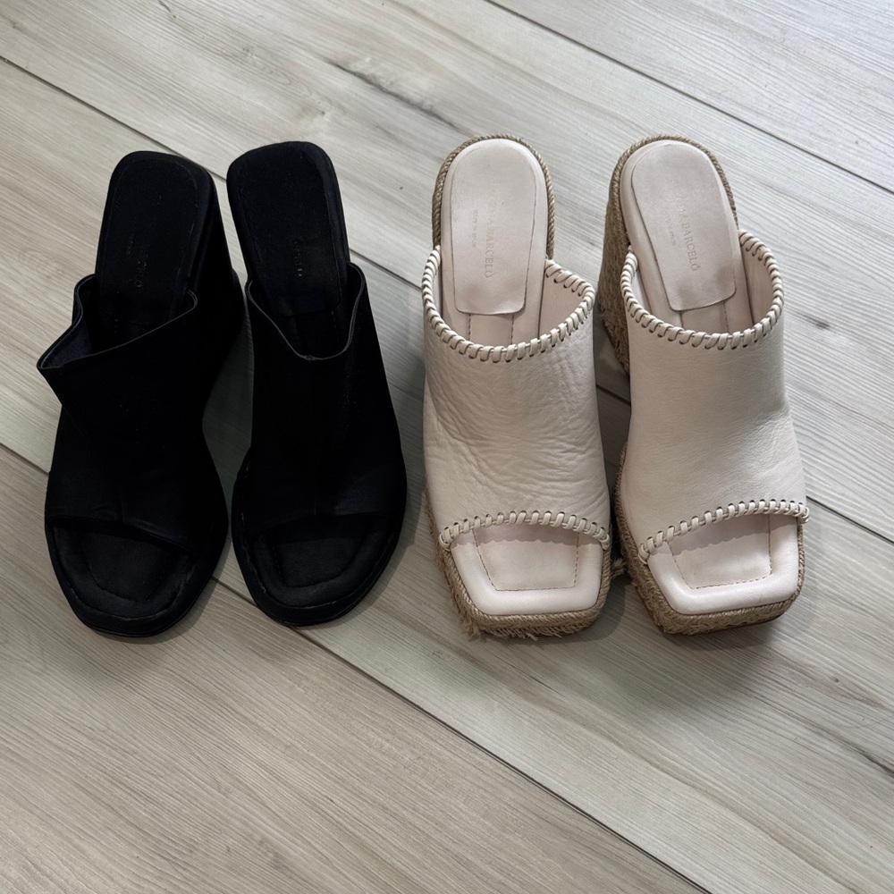 Paloma Barcelo Black and Cream Wedge Mules